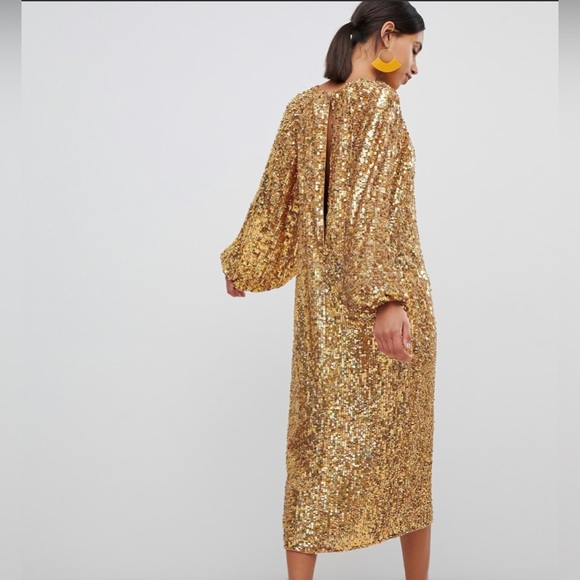 ASOS EDITION Sequin Midi Dress with Blouson Sleeve - Picture 4 of 11
